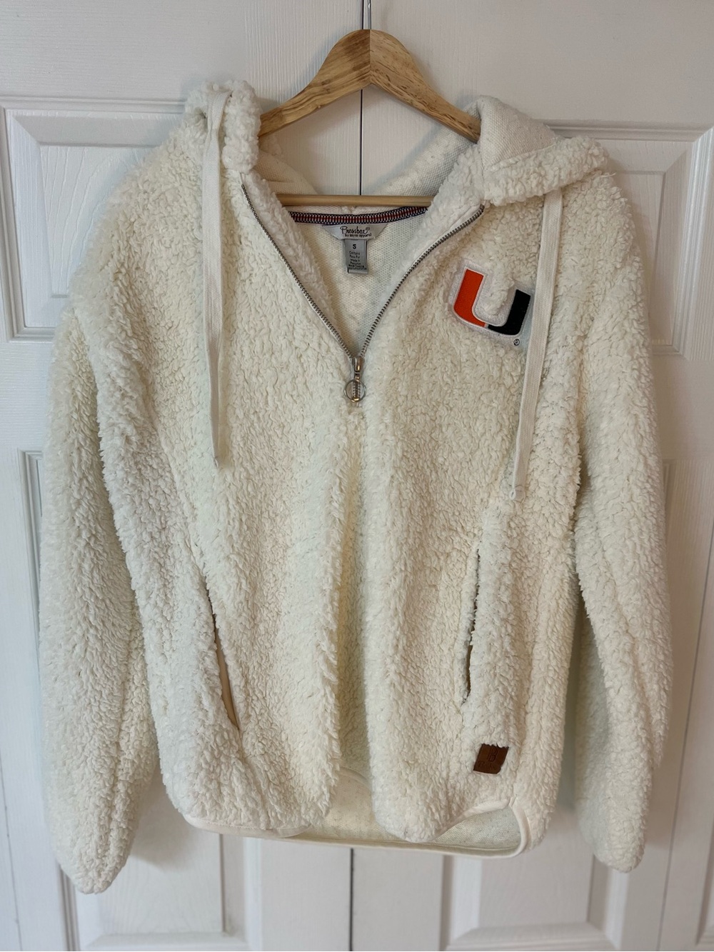 Pressbox Ivory Sherpa Pullover with Orange and Black 'U' Patch